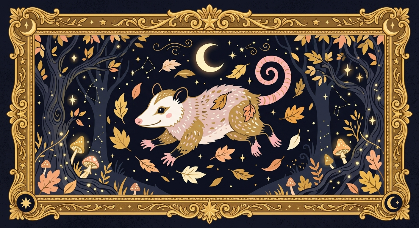 Possum jumping in golden leaves