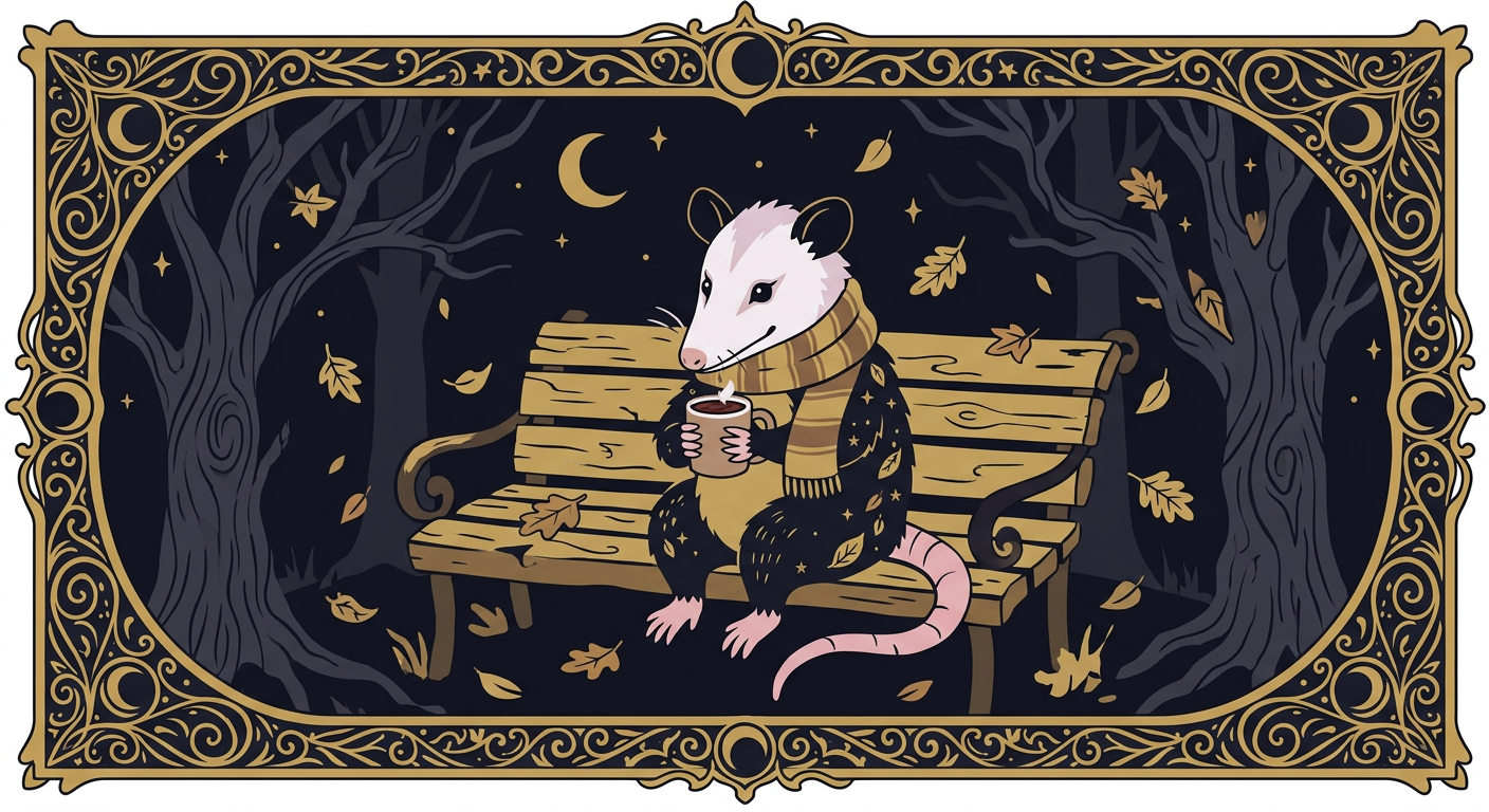 Possum with hot chocolate and scarf