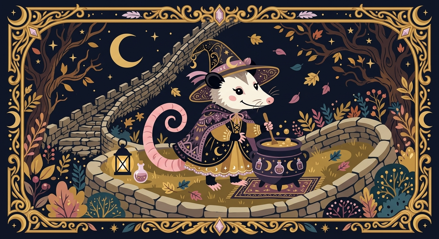 Witch possum with cauldron