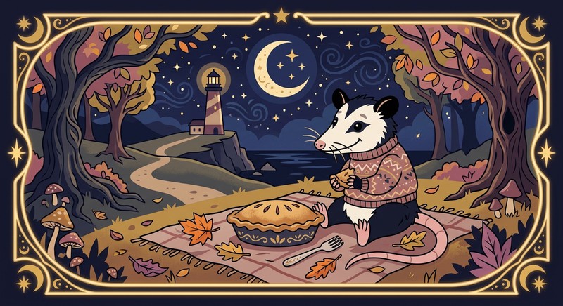 Opossum picnic under starry sky